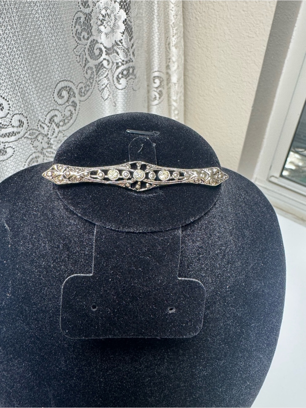 Vintage Silver Tone Art Deco Clear Rhinestone Filigree Bar Brooch Pin 3”